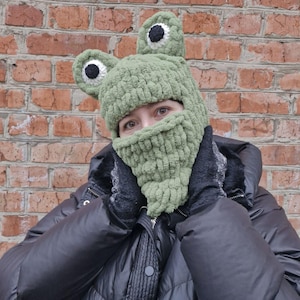May include: A green frog-themed balaclava hat with large, round eyes and a textured, knitted appearance. The hat covers the head and neck, with eye openings. The background is a red brick wall.