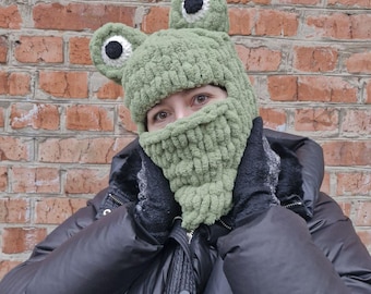 Pasamontañas cálido de rana, pasamontañas de rana, gorro de rana de peluche de ganchillo, máscara de rana de invierno hecha a mano, gorro de invierno, gorro navideño, pasamontañas de invierno