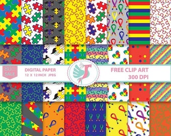 ON SALE Autism Awareness Ribbon Clipart, Autistic Cancer Digital Paper Pack, Autism Scrapbooking Paper Card Making Autism Printable SVG Png