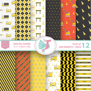 80% OFF SALE Construction digital pattern paper, Trucks, Dump Truck, Polka, Stripes commercial use, scrapbook papers pack, print papers pack