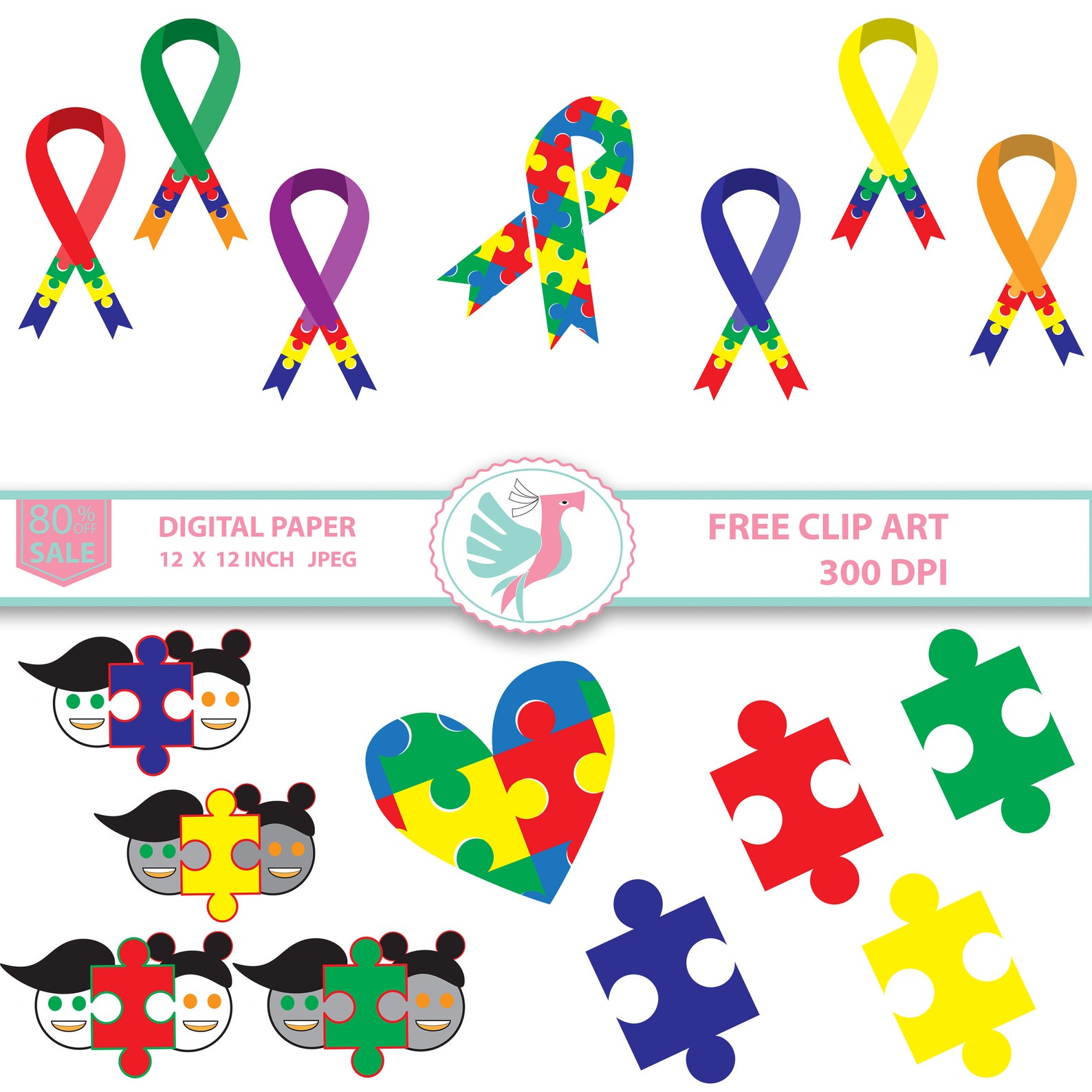 Autism Awareness Ribbon Clipart Autistic Cancer Digital Paper Etsy