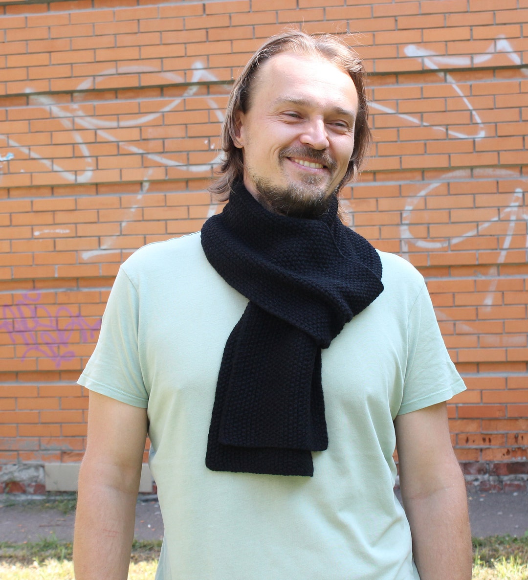 100 Merino Wool, Hand Knit Men's Scarf for Him Winter ,black Man Knit