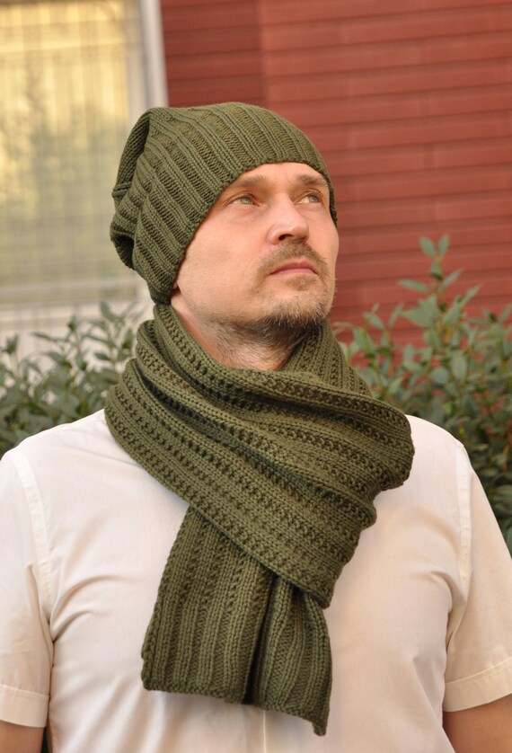Merino Wool Hat Hand Knit Green Khaki 
