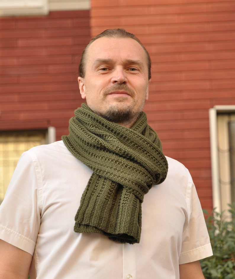 Wool Green Knitted Scarf for Men 100 Merino Wool Men's Scarf Long Wool