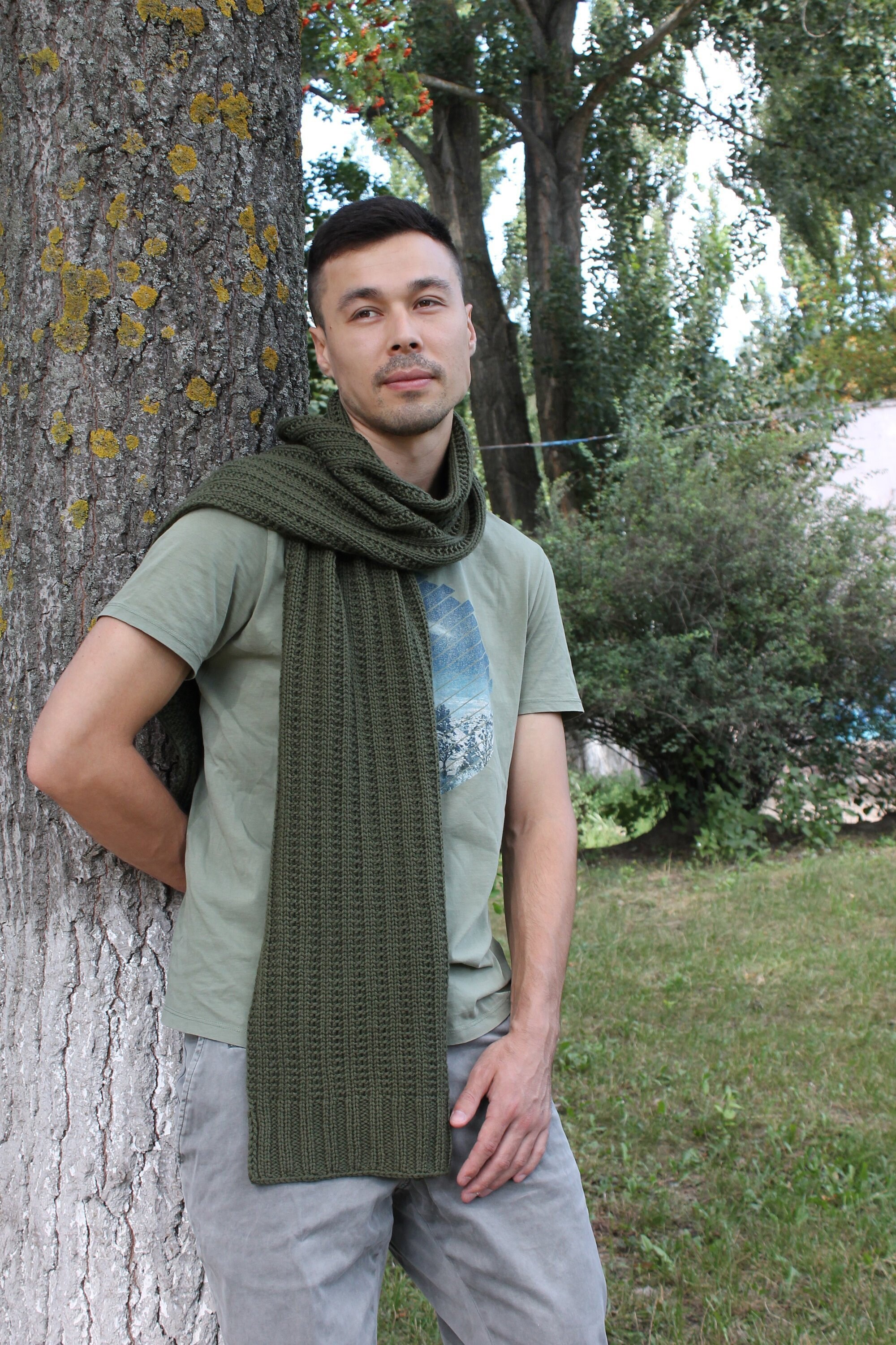 Wool Green Knitted Scarf for Men 100 Merino Wool Men's Etsy Australia