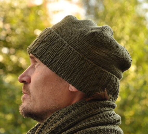 Merino Wool Hat Hand Knit Green Khaki 