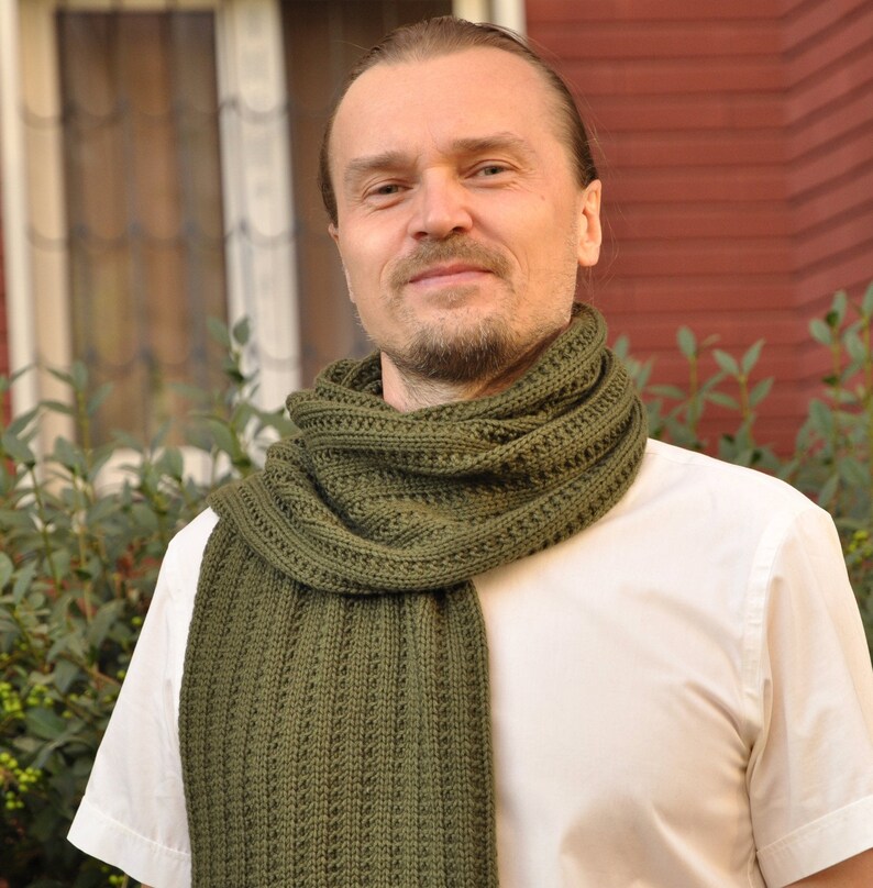 Wool Green Knitted Scarf for Men 100 Merino Wool Men's Scarf Long Wool