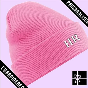 Personalised Pink Beanie Hat, Fully EMBROIDERED Initial Beanie present with CUSTOM TEXT, Personalized gift, Customized winter hat