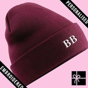 Personalised Burgundy Beanie Hat, Fully EMBROIDERED Initial Beanie present with CUSTOM TEXT, Personalized gift, Customized winter hat