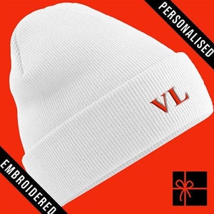 Personalised white Beanie Hat, Fully EMBROIDERED Initial Beanie present with CUSTOM TEXT, Personalized gift, Customized winter hat