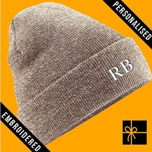 Personalised Sand Beanie Hat, Fully EMBROIDERED Initial Beanie present with CUSTOM TEXT, Personalized gift, Customized winter hat