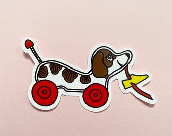 Vintage Retro 1970s Pull Along Dog Toy Vinyl Laptop Tech Sticker Decal