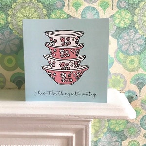 Vintage Pyrex Gooseberry Cinderella bowls greetings card
