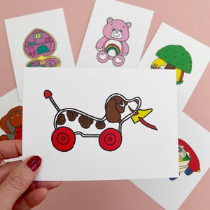 Cartão postal com estampa de cachorro de puxar, brinquedo retrô vintage