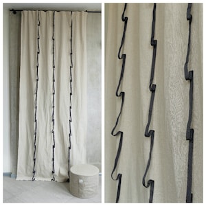 Gray linen stitching curtains, cottage Scandinavian style, rustic window decor, minimalist night drape panel