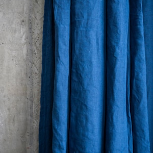Navy blue linen curtains, royal blue linen fabric drapery, organic window panel