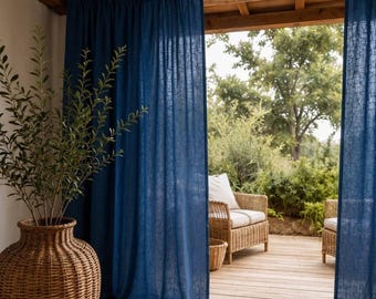 Navy Blue Linen Curtains, Coastal Farmhouse Window Drapes, Custom Natural Panels