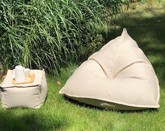 Bean bag chair, linen floor cushion, seat lounge pouf, outdoor linen floor pillow, adult floor pillow