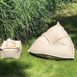 Bean bag chair, linen floor cushion, seat lounge pouf, outdoor linen floor pillow, adult floor pillow