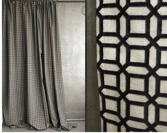 Mid Century Brown Cream Geometric Linen Curtains Natural Etsy