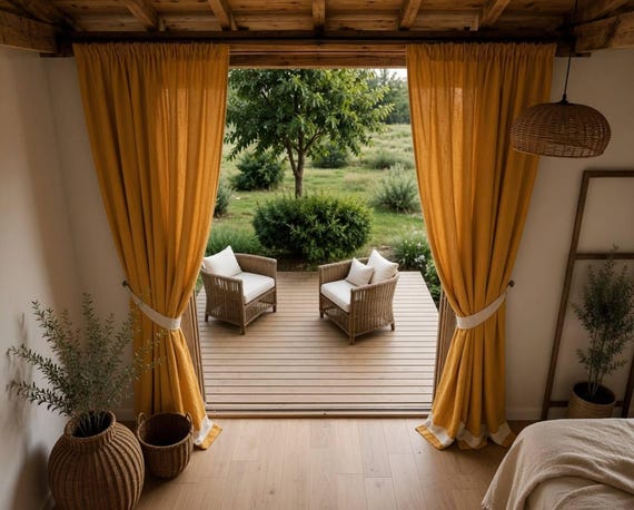 Mustard Yellow Linen Curtains, Farmhouse Boho Minimalist Window Drapes