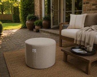 Natural Linen Round Pouf, Scandinavian Floor Cushion, Minimalist Ottoman, Boho Seating