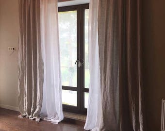 Linen blackout curtains, natural window treatments, white-gray drapery panels, bedroom drapes