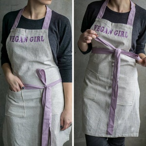 Embroidered Linen Apron: Organic Hemp, Vegan Girl Gift