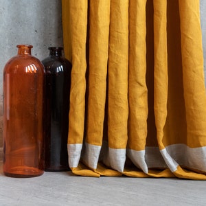 Mustard yellow linen curtains, farmhouse organic decor, rustic window treatment, bedroom drape panel