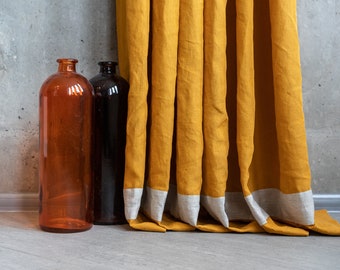 Mustard yellow linen curtains, farmhouse organic decor, rustic window treatment, bedroom drape panel