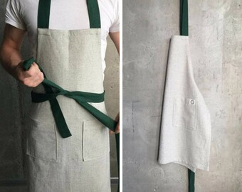 Linen personalized apron, apron for men, hemp custom apron, cute green apron