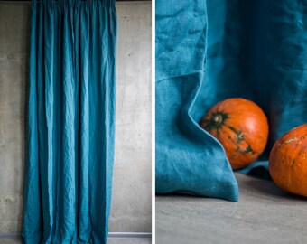 Blue linen bohemian curtain, Linen fabric turquoise drape, Living room window treatment, Eco friendly decor, Home gift curtain panel