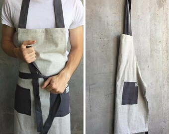 Kitchen men gift cooking Apron Linen Full Apron gray Organic clothing pocket Apron handmade Apron Hemp birthday gift Eco Friendly women wear