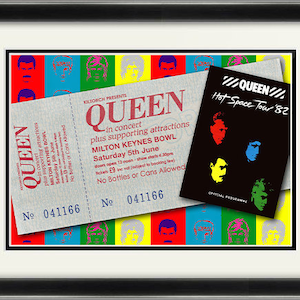 May include: A vintage concert ticket for a Queen concert at Milton Keynes Bowl on June 5th, 1982. The ticket is white with black text and a red, white, and blue color scheme. The ticket is for the Hot Space Tour '82 and includes the band's logo and the words "No Bottles or Cans Allowed".