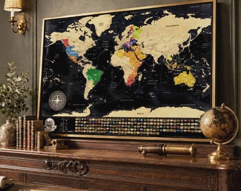 Carte du Monde à Gratter, Détaillée Carte de Voyage avec 196 Drapeaux de Pays, Cadeau sont Cadeau Parfait pour Tous Les Voyageurs. Made  EU
