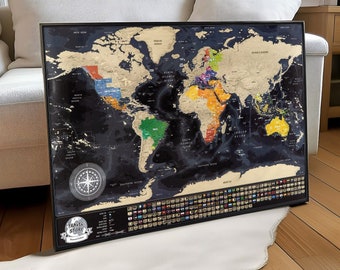 Personalized Scratch off map - Scratch World Map with Country's Flags - Best Birthday Gift - Available Map with the frame - Made in Europe