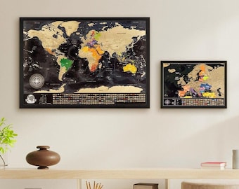 Scratch-Off World and Europe Map Set with 196 Flags, State Borders, Highest Peaks, Personalized Travel Tracker, Best Gift for Adventurers