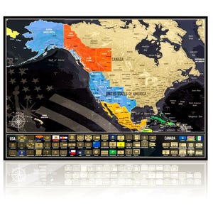 Mapa da América do Norte para raspar com as bandeiras dos estados dos EUA e das províncias canadenses.