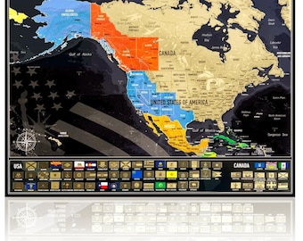 North America Scratch Off Map with US States & Canadian Provinces Flags