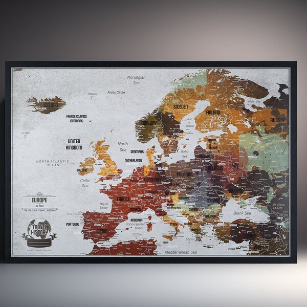 Mappa dell Europa con puntine con Cornice, design creativo, Mappa Personalizzata 50x40 cm, Mappa di Viaggio e Avventure Personali