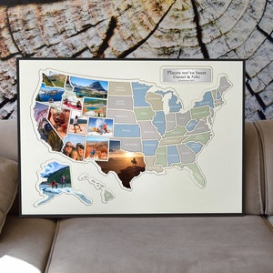 Personalized 50 States USA Photo Map with Wooden Frame - Create Your Own Travel Collage Map, Perfect Birthday or Wedding Gift for Travelers