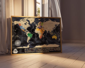 Carte du Monde à Gratter, Détaillée Carte de Voyage avec 196 Drapeaux de Pays, Cadeau sont Cadeau Parfait pour Tous Les Voyageurs. Made EU