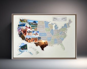 Personalized USA Photo Map with Wooden Frame - Create a Travel Collage - Perfect Gift for Travelers - 50 States Map with Free Photo Maker