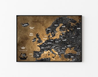 Europe Map Print: Personalized Travel Poster, Old Gold Black (Digital Printable Map)