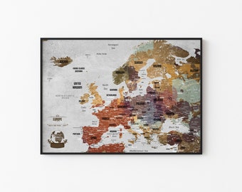 Karte von Europa, digitale Datei – Reise-Europa-Karte, originelles Hochzeits- oder Geburtstagsgeschenk für Freunde – digital druckbare Karte