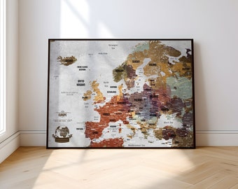 Push Pin Map of Europe with 50 Pins - Travel Europe Map, Original Wedding or Birthday Present for Friends - Digital printable file available