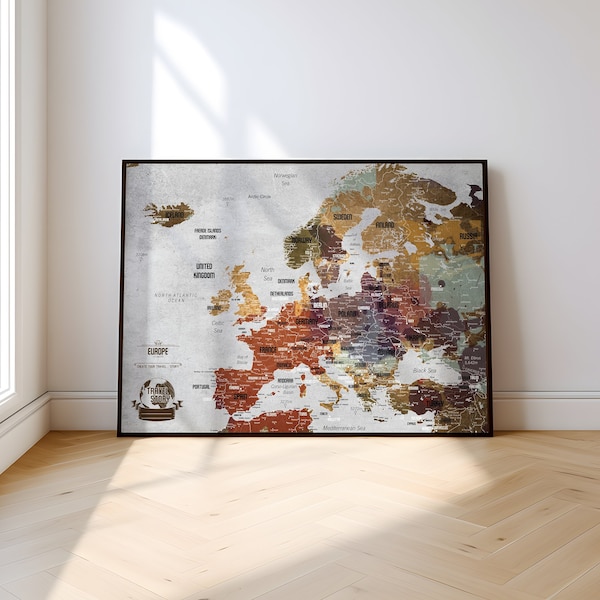 Mappa dell Europa con puntine con Cornice, design creativo, Mappa Personalizzata, Mappa di Viaggio e Avventure Personali