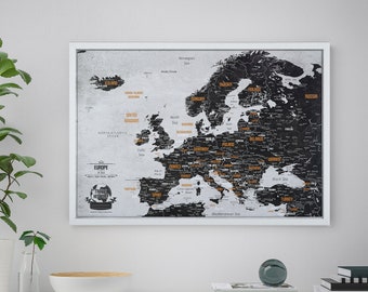Regalo de cumpleaños original para un amigo - Mapa de Europa con alfiler de empuje - Mapa con marco - El mejor regalo para un amigo