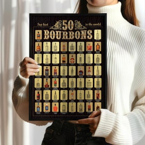 Póster para raspar "The Bourbon Bucket List", los 50 mejores bourbons del mundo, ideal para bares o cuevas masculinas, el mejor regalo de cumpleaños, disponible con marco.