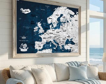 Europe Travel Map with Pins, 50 Pins Included, Indigo Blue Wall Art, Couple Travel Gift, Kappa Board or Wooden Framed Map